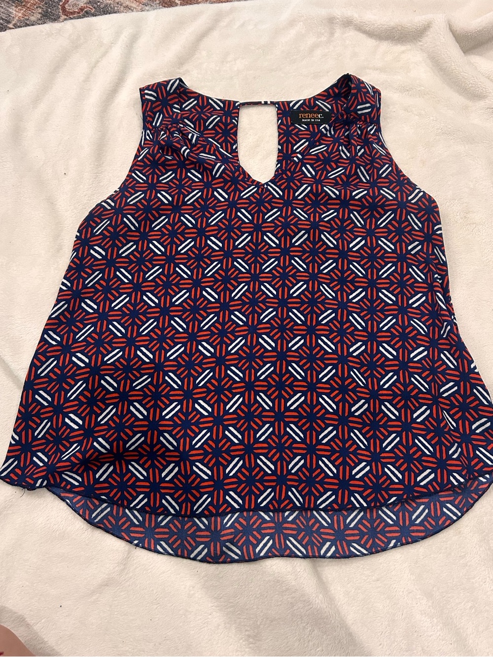 Renee C. Navy Red Geometric Keyhole Sleeveless Top
